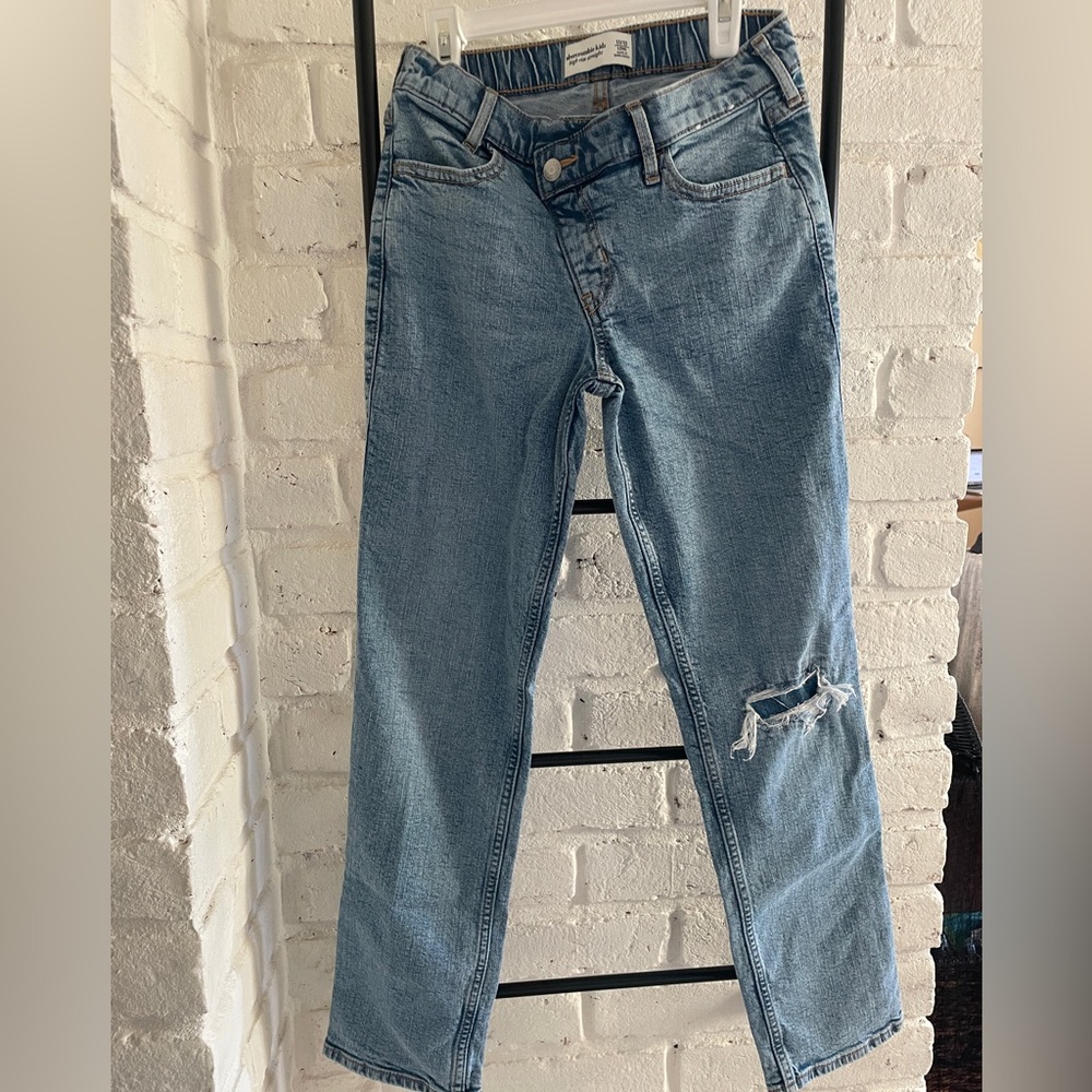 Abercrombie Kids high rise straight crossover jeans, light wash